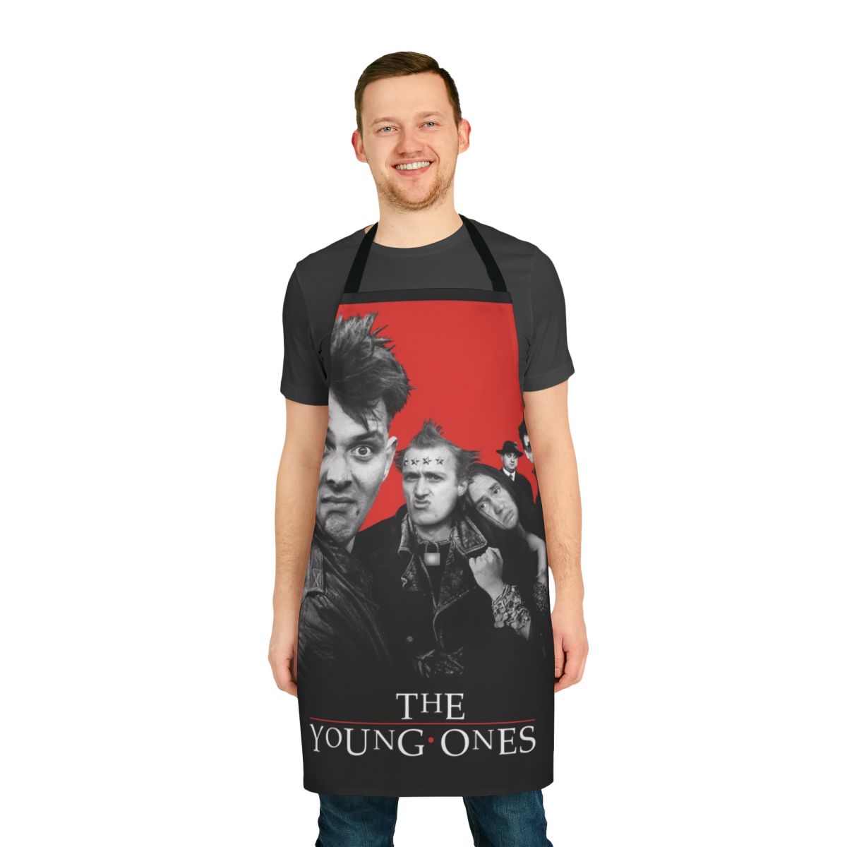 Retro 1980s style apron featuring characters from the cult classic TV show 'The Young Ones'