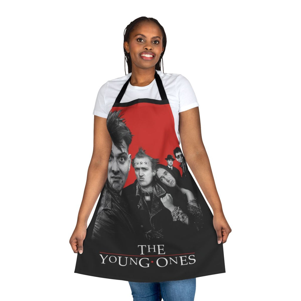 Retro 1980s style apron featuring characters from the cult classic TV show 'The Young Ones'