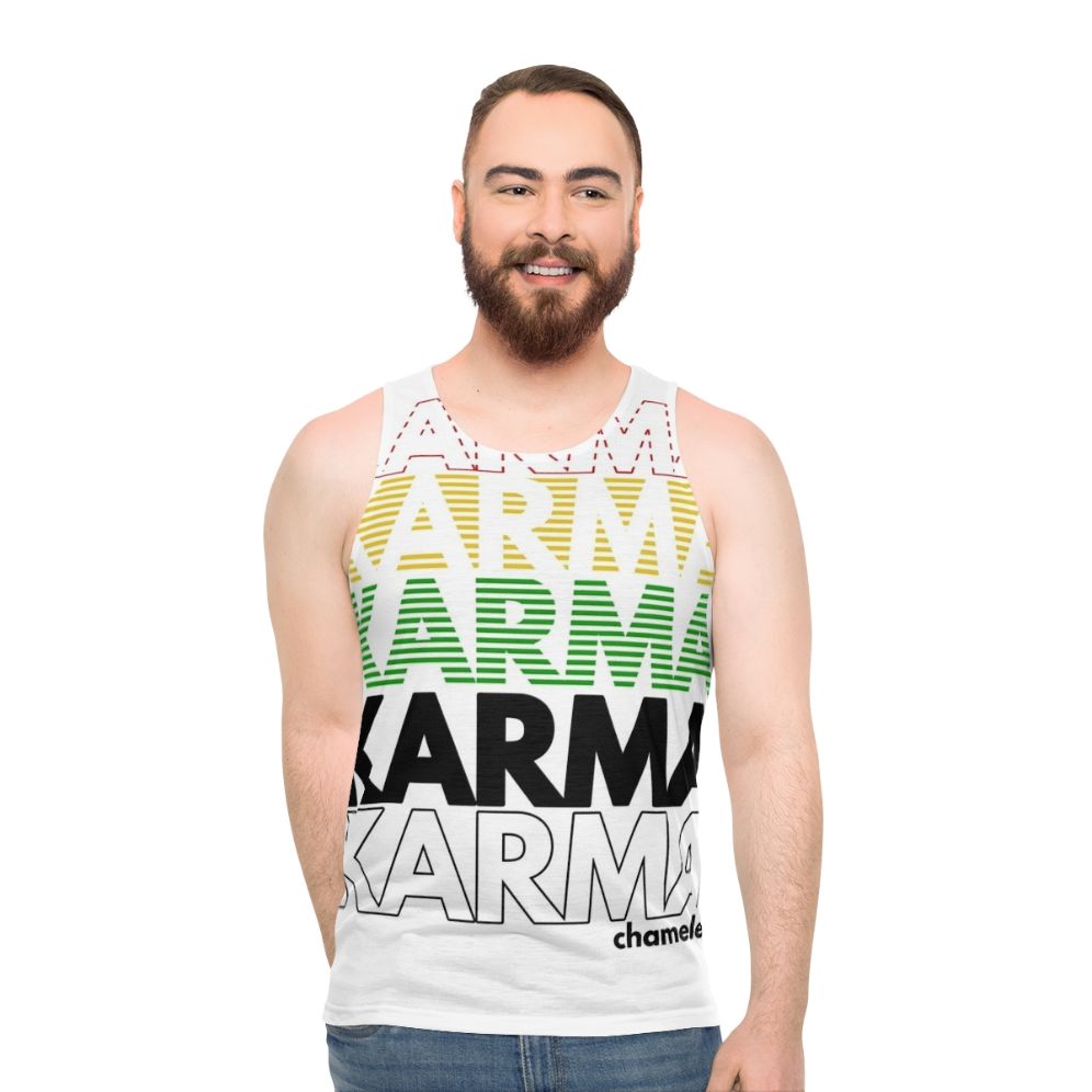 Retro 1980s unisex tank top with Karma Club design