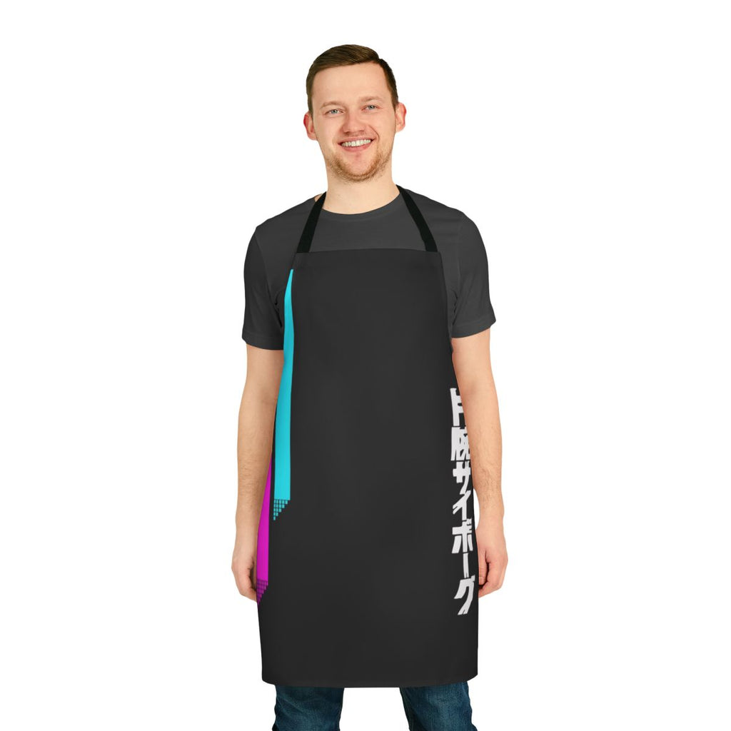 Minimalist 1980s style vaporwave aesthetic apron with neon colors and geometric patterns
