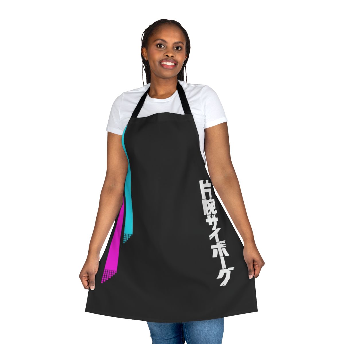Minimalist 1980s style vaporwave aesthetic apron with neon colors and geometric patterns
