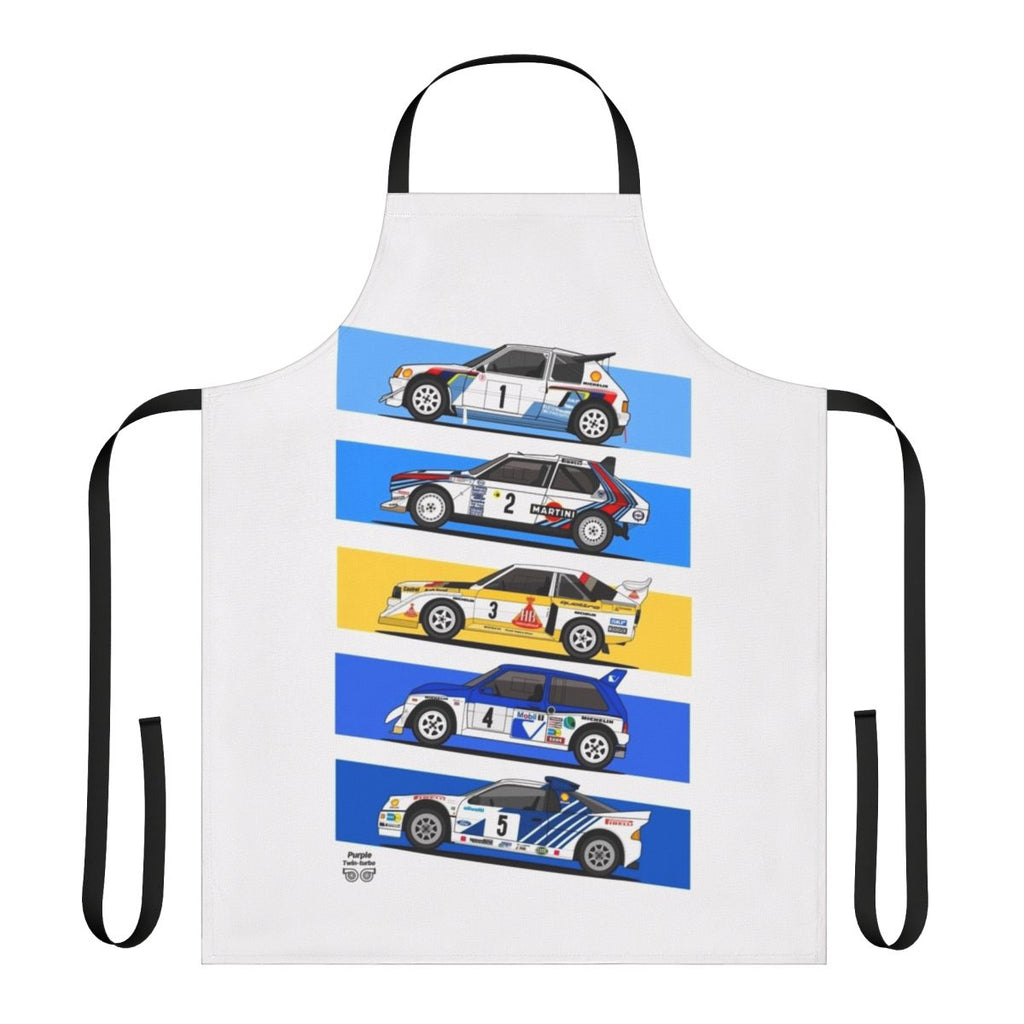 Vintage 1986 Group B rally car design printed on a durable, high-quality apron