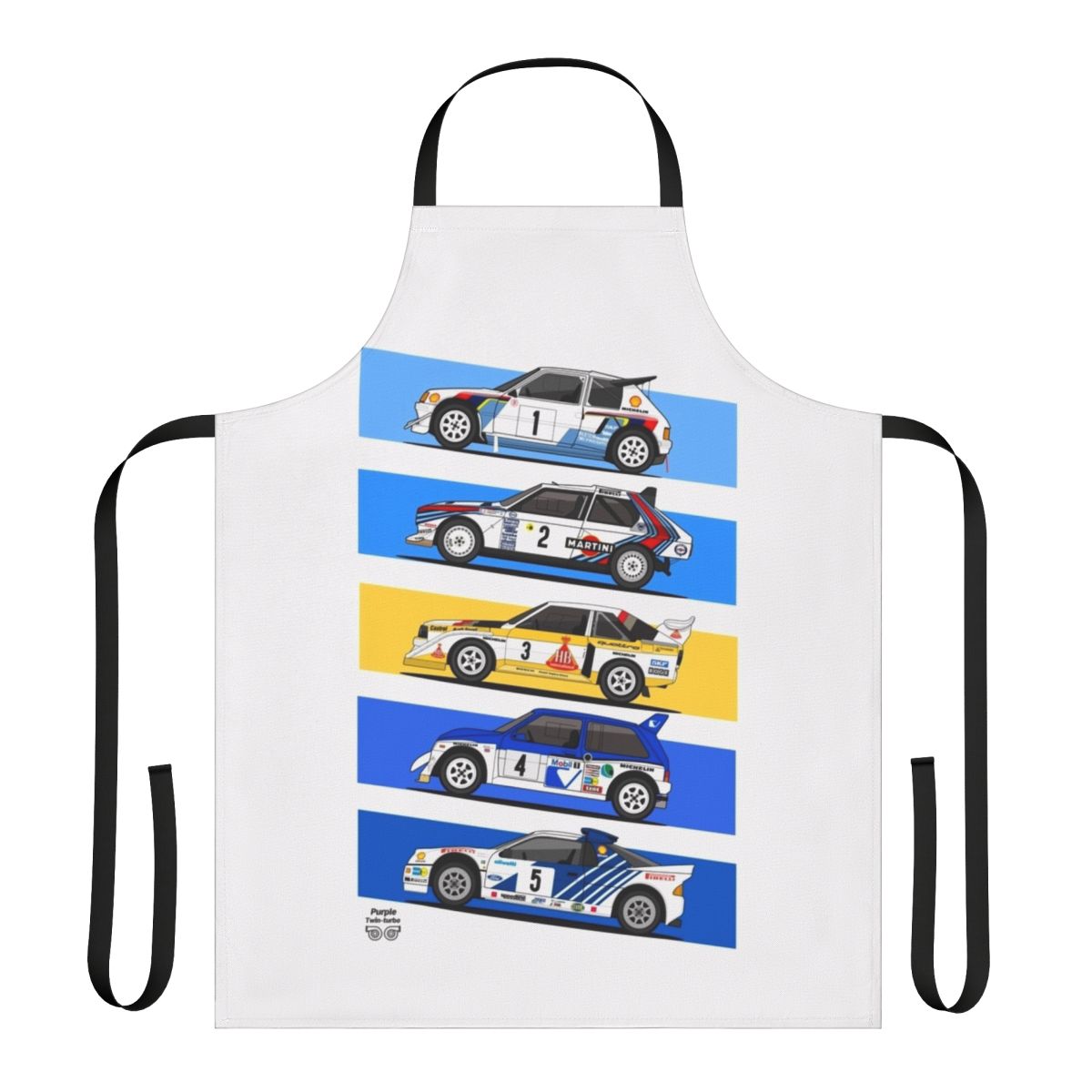 Vintage 1986 Group B rally car design printed on a durable, high-quality apron