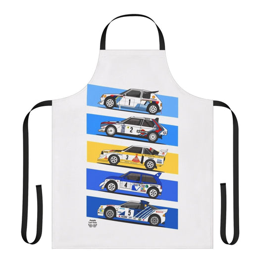 Vintage 1986 Group B rally car design printed on a durable, high-quality apron