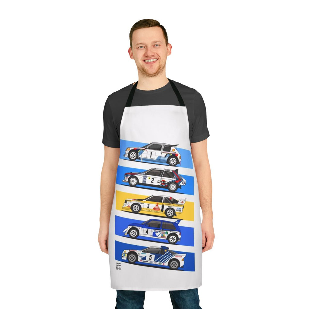 Vintage 1986 Group B rally car design printed on a durable, high-quality apron