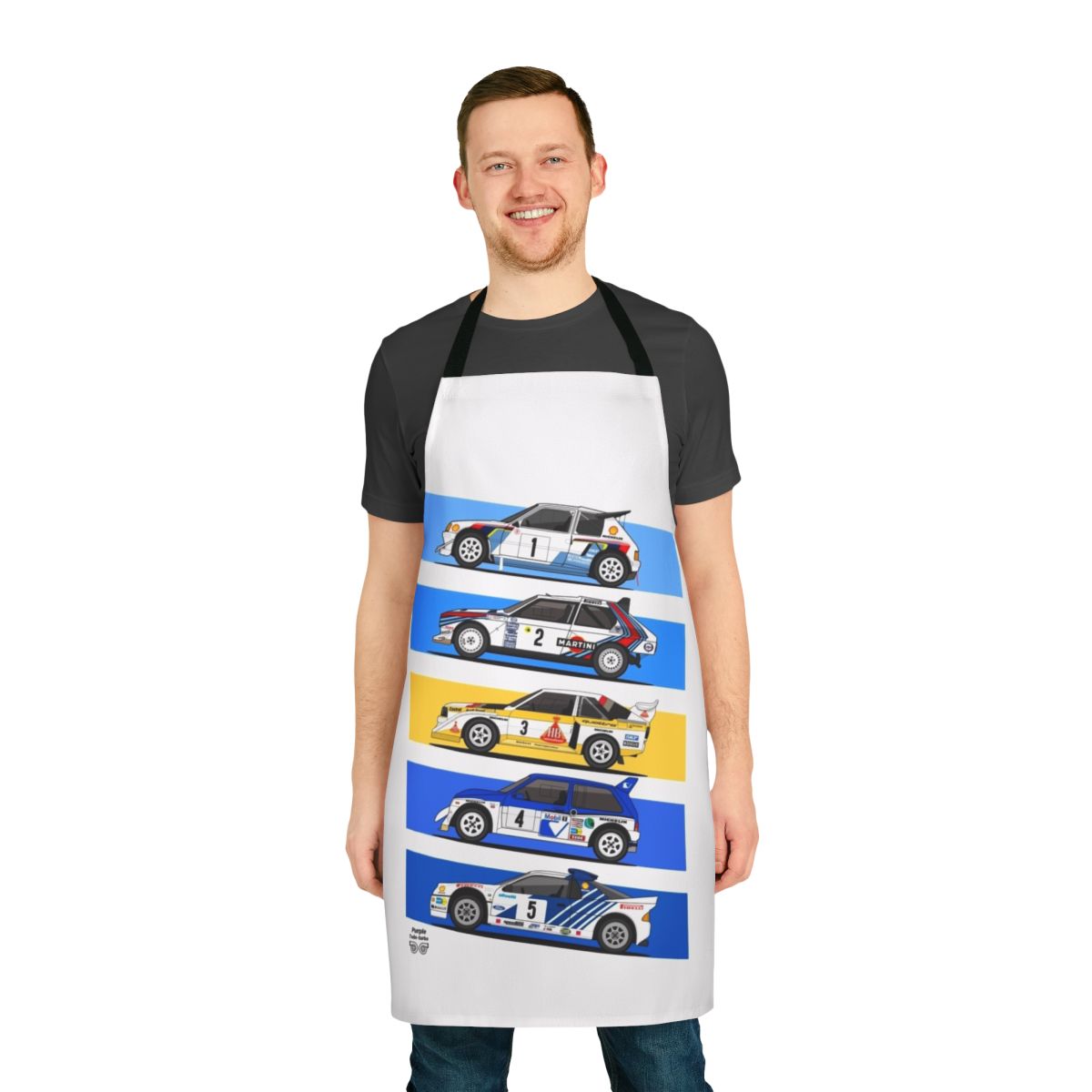 Vintage 1986 Group B rally car design printed on a durable, high-quality apron