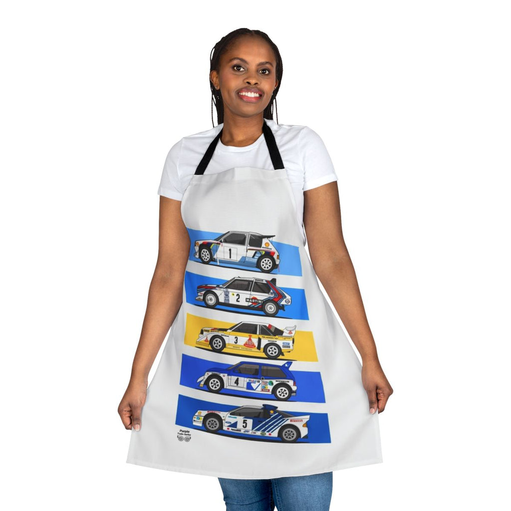 Vintage 1986 Group B rally car design printed on a durable, high-quality apron