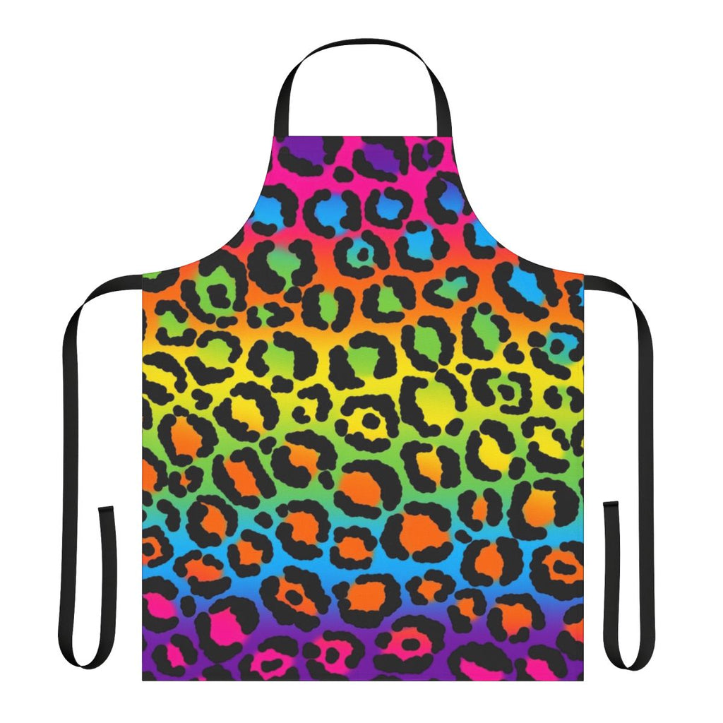 Colorful 1990s style leopard print and rainbow patterned apron