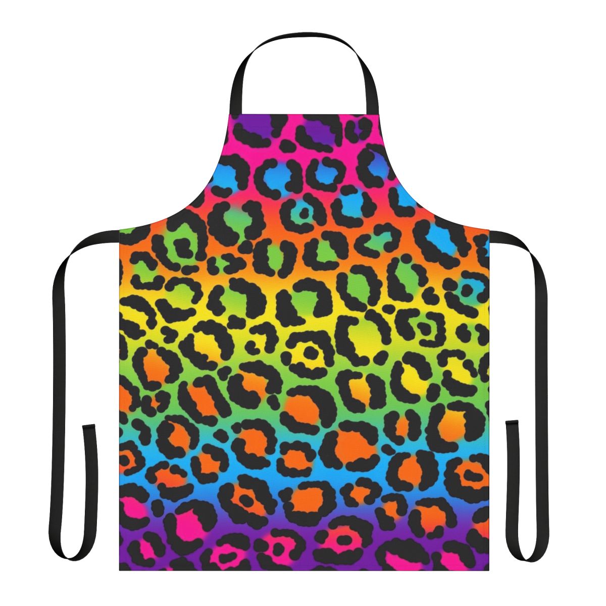 Colorful 1990s style leopard print and rainbow patterned apron
