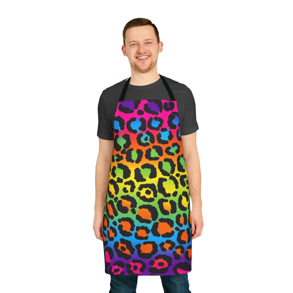 Colorful 1990s style leopard print and rainbow patterned apron