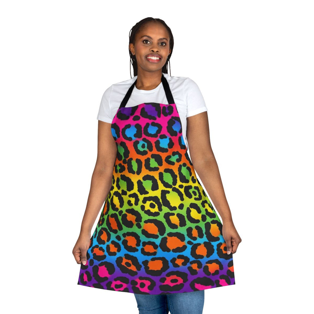 Colorful 1990s style leopard print and rainbow patterned apron