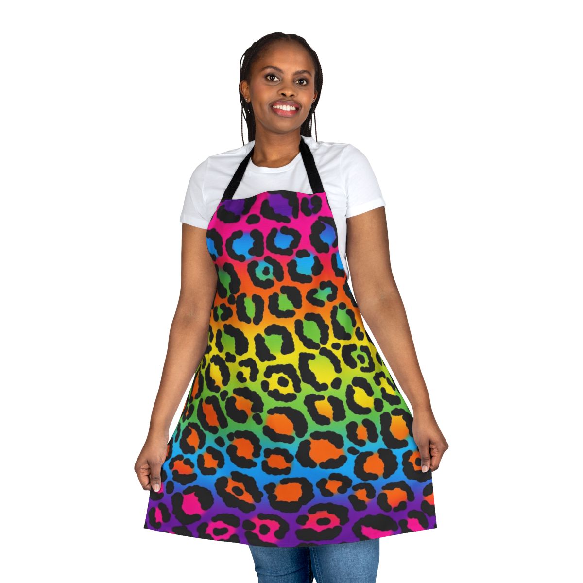 Colorful 1990s style leopard print and rainbow patterned apron