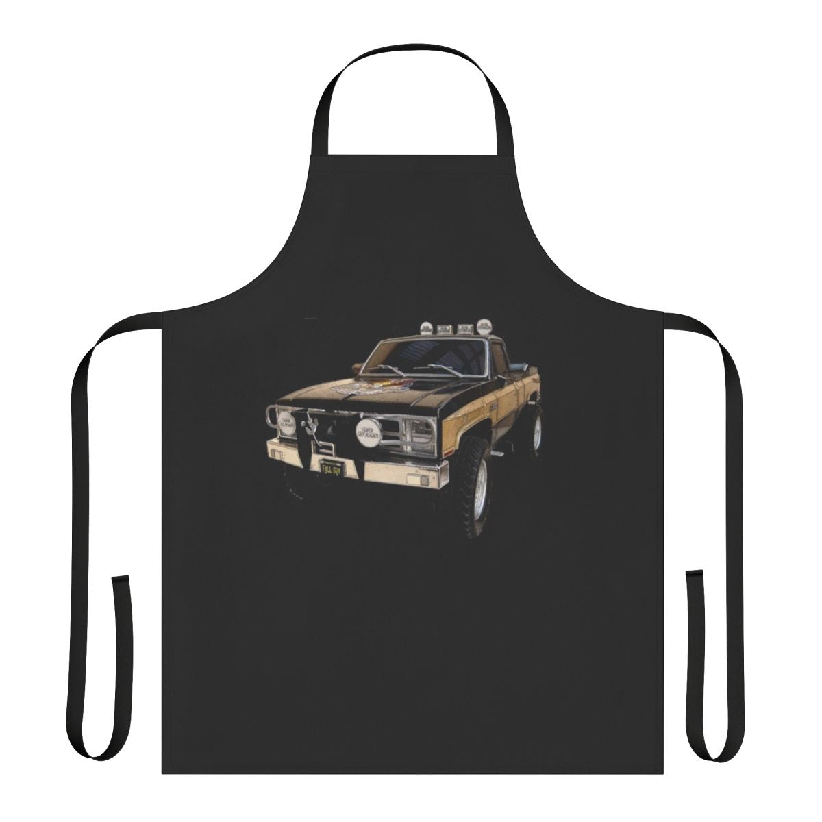 A high-quality apron featuring a vintage-style design inspired by the classic TV series The Fall Guy and the GMC Sierra pickup truck.