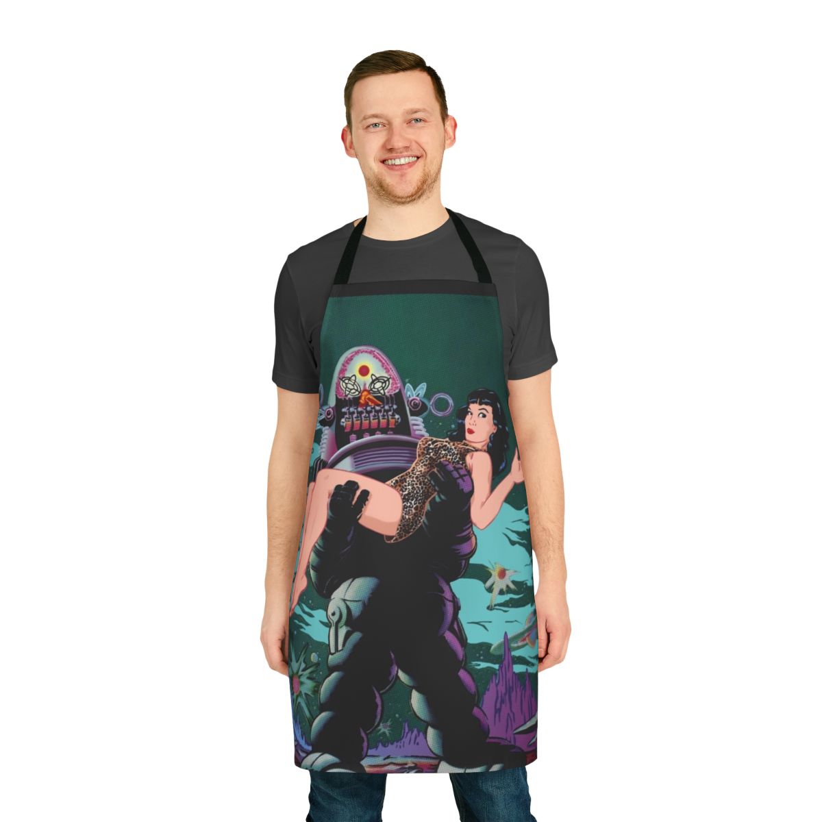 Retro 50s sci-fi inspired apron with Bettie Page and Robby the Robot designs