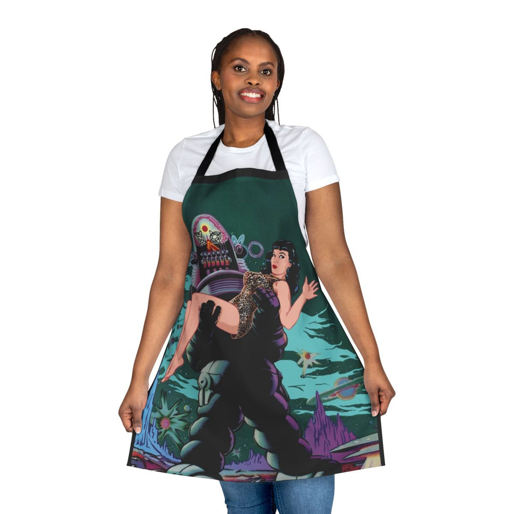 Retro 50s sci-fi inspired apron with Bettie Page and Robby the Robot designs