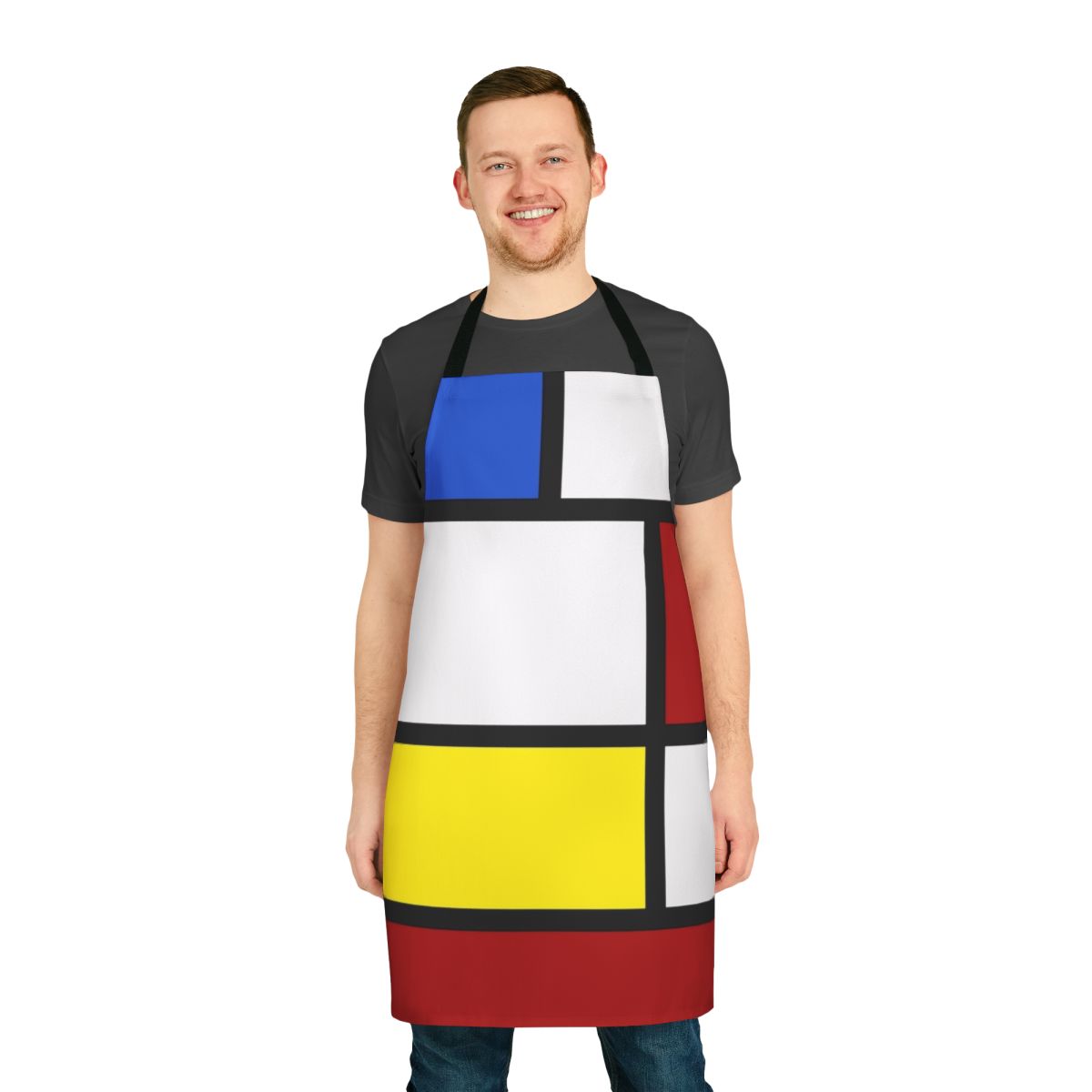 Retro 60s-inspired apron featuring a bold box pattern in white, red, and yellow