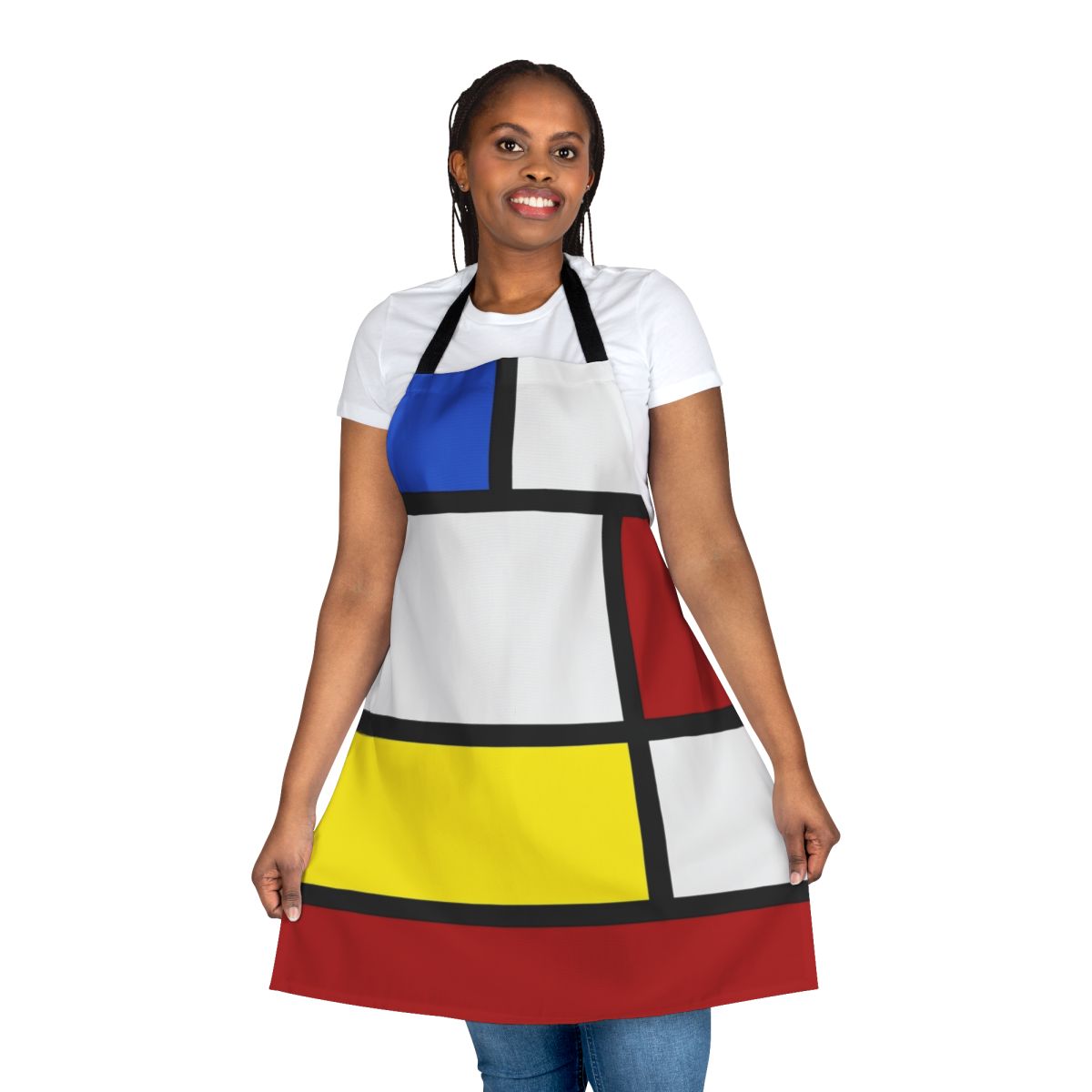 Retro 60s-inspired apron featuring a bold box pattern in white, red, and yellow
