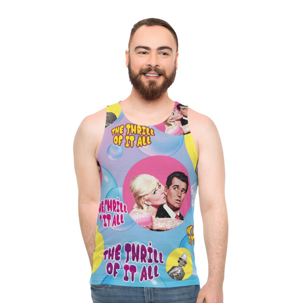 Retro 60s comedy unisex tank top with "The Thrill of It All" movie design
