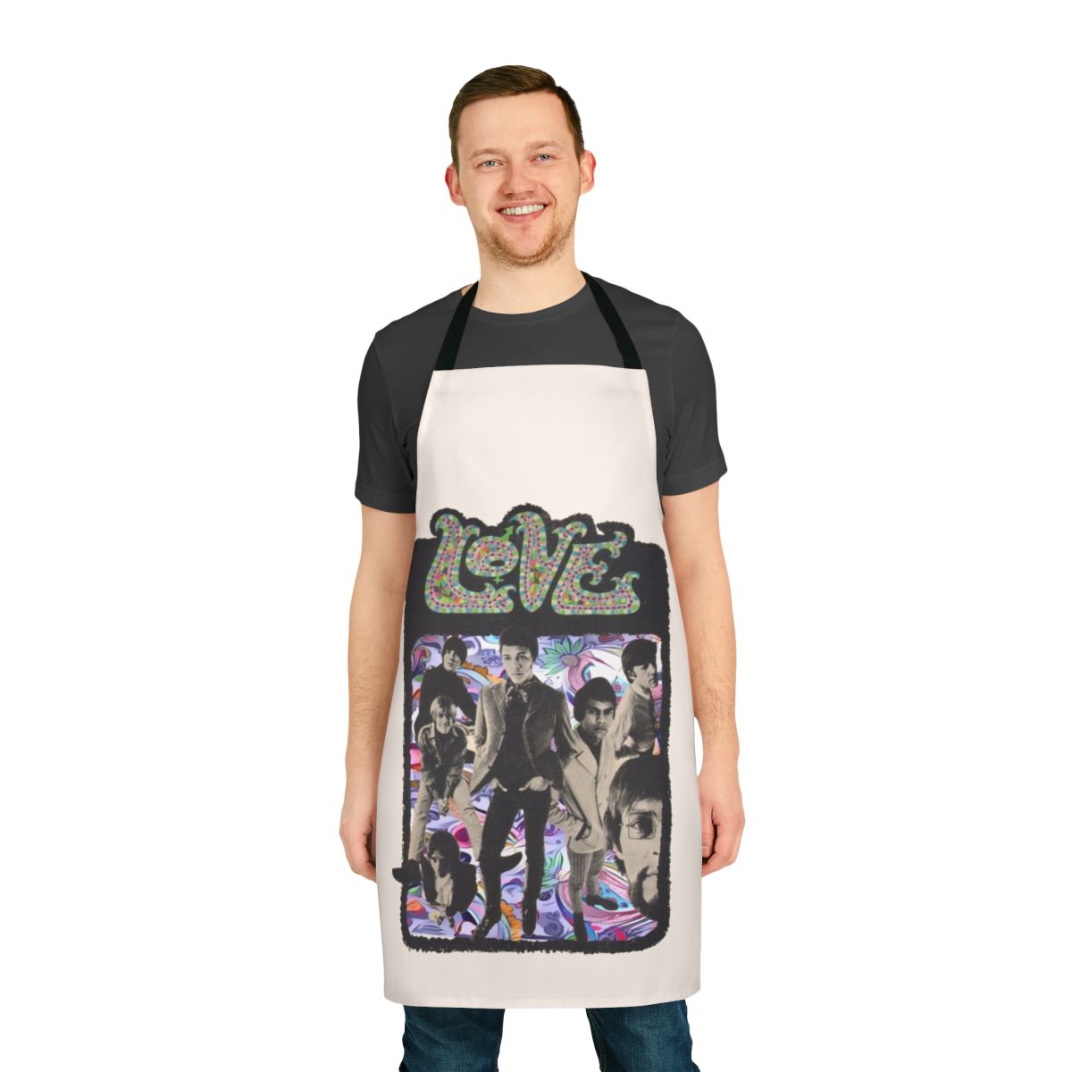 Retro 60s psychedelic-inspired apron with a nod to the band Love and musician Arthur Lee
