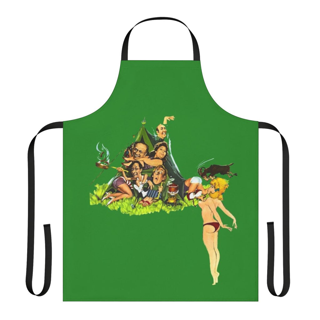 Vintage-inspired camping apron featuring a 60s comedy movie theme