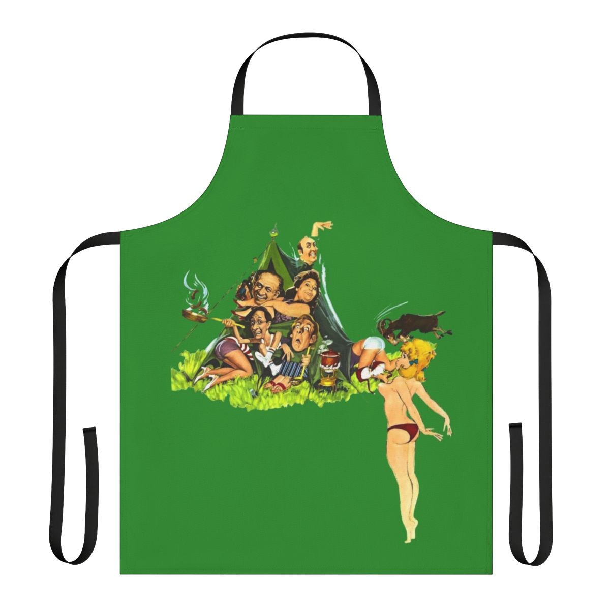 Vintage-inspired camping apron featuring a 60s comedy movie theme