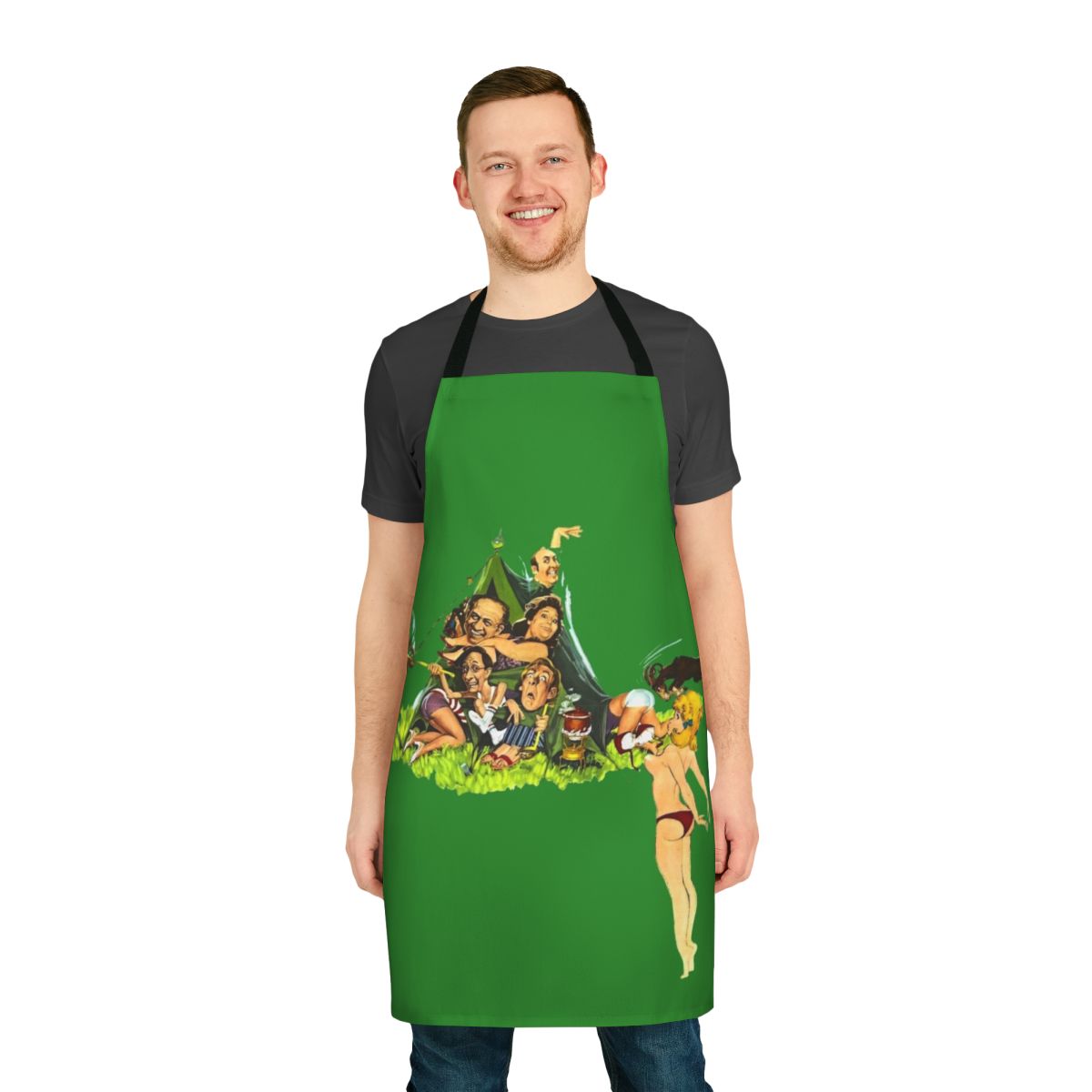 Vintage-inspired camping apron featuring a 60s comedy movie theme