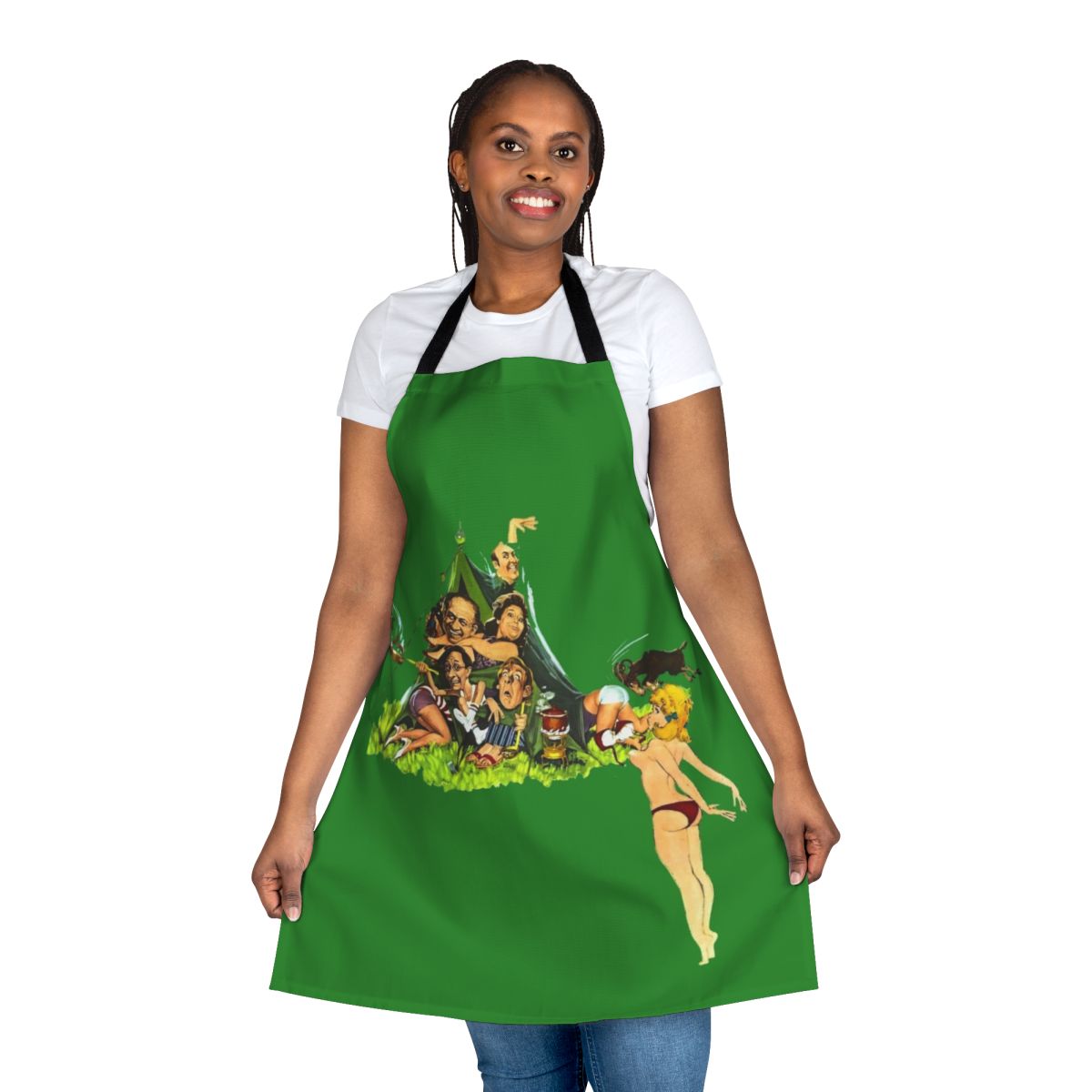Vintage-inspired camping apron featuring a 60s comedy movie theme