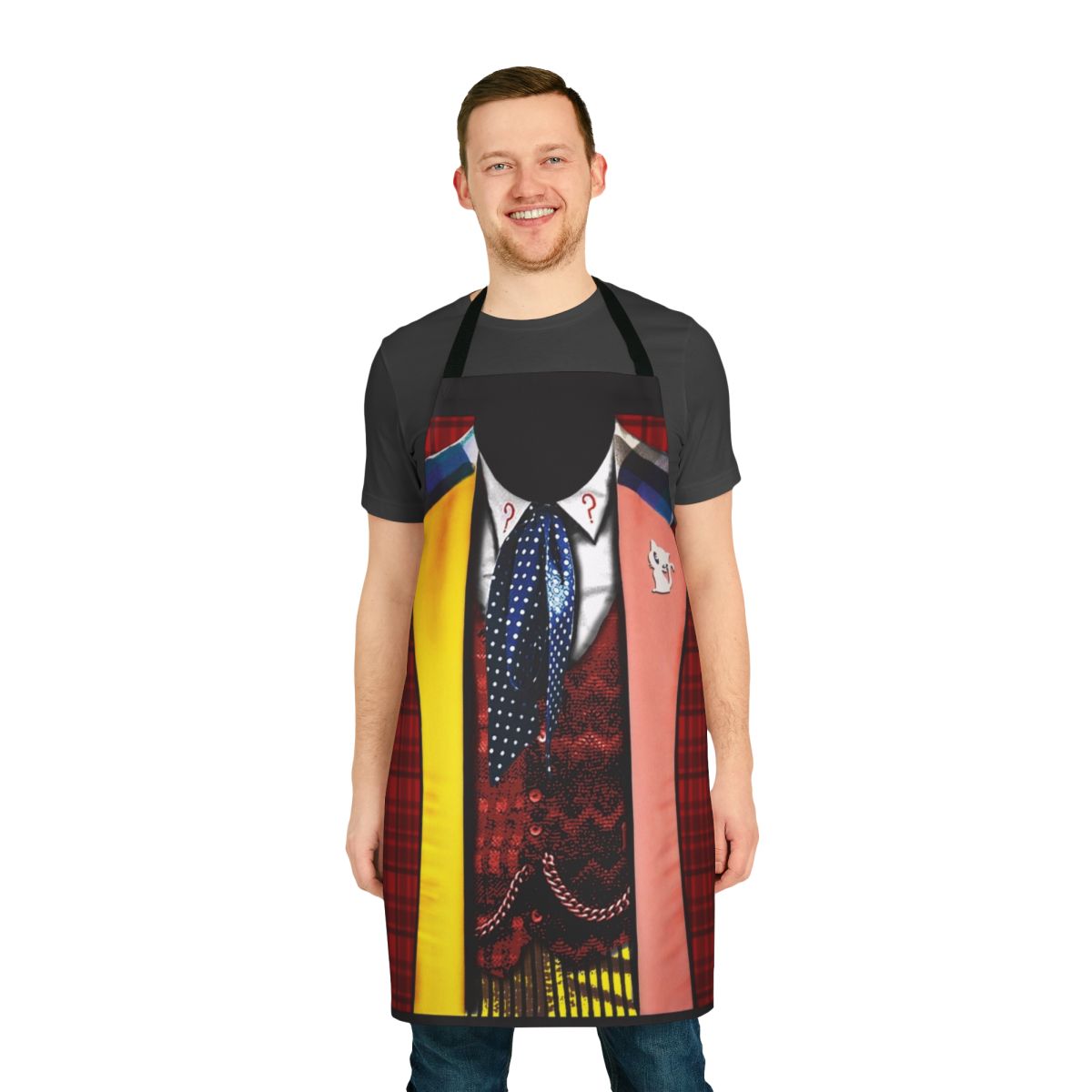 Retro-style 6th Doctor T-Shirt Apron featuring the iconic costume of the 6th Doctor from the Doctor Who TV series.