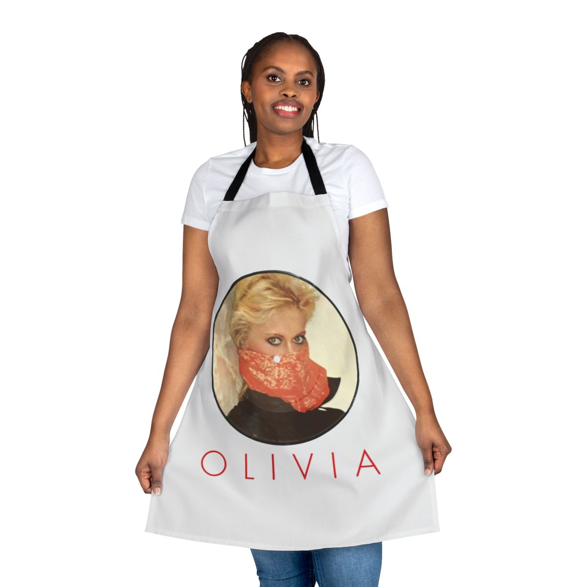 Retro-styled apron with Olivia Newton-John inspired design