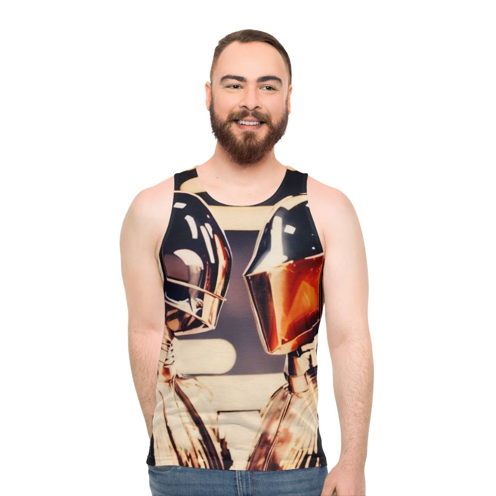 Unisex retro 70s disco tank top with robot design