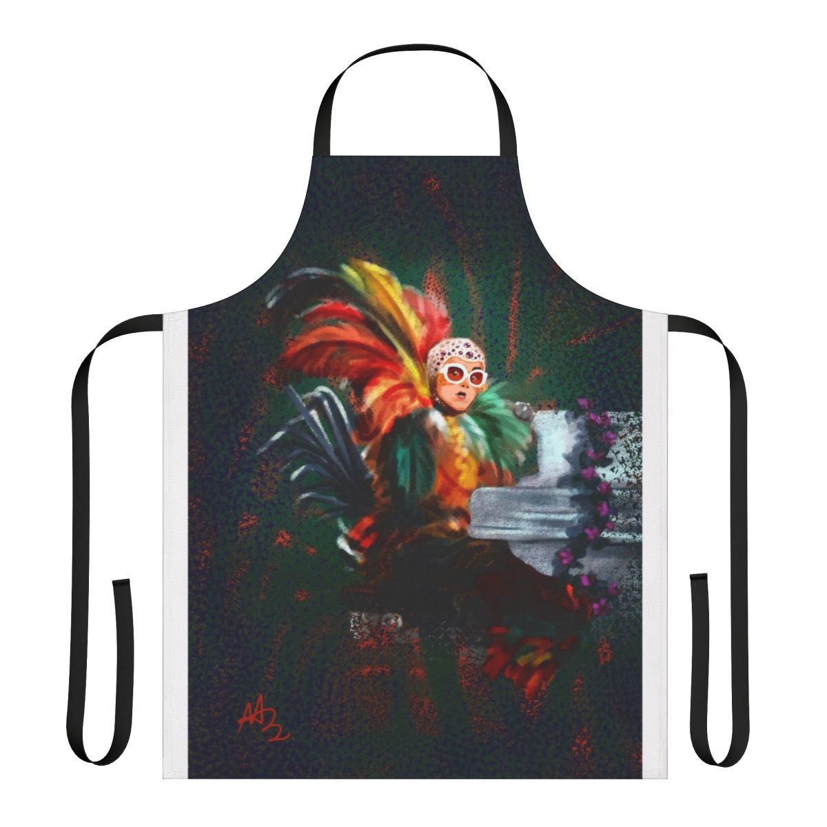 Colorful and flamboyant apron with Elton John-inspired design, featuring feathers, a rooster, and musical elements