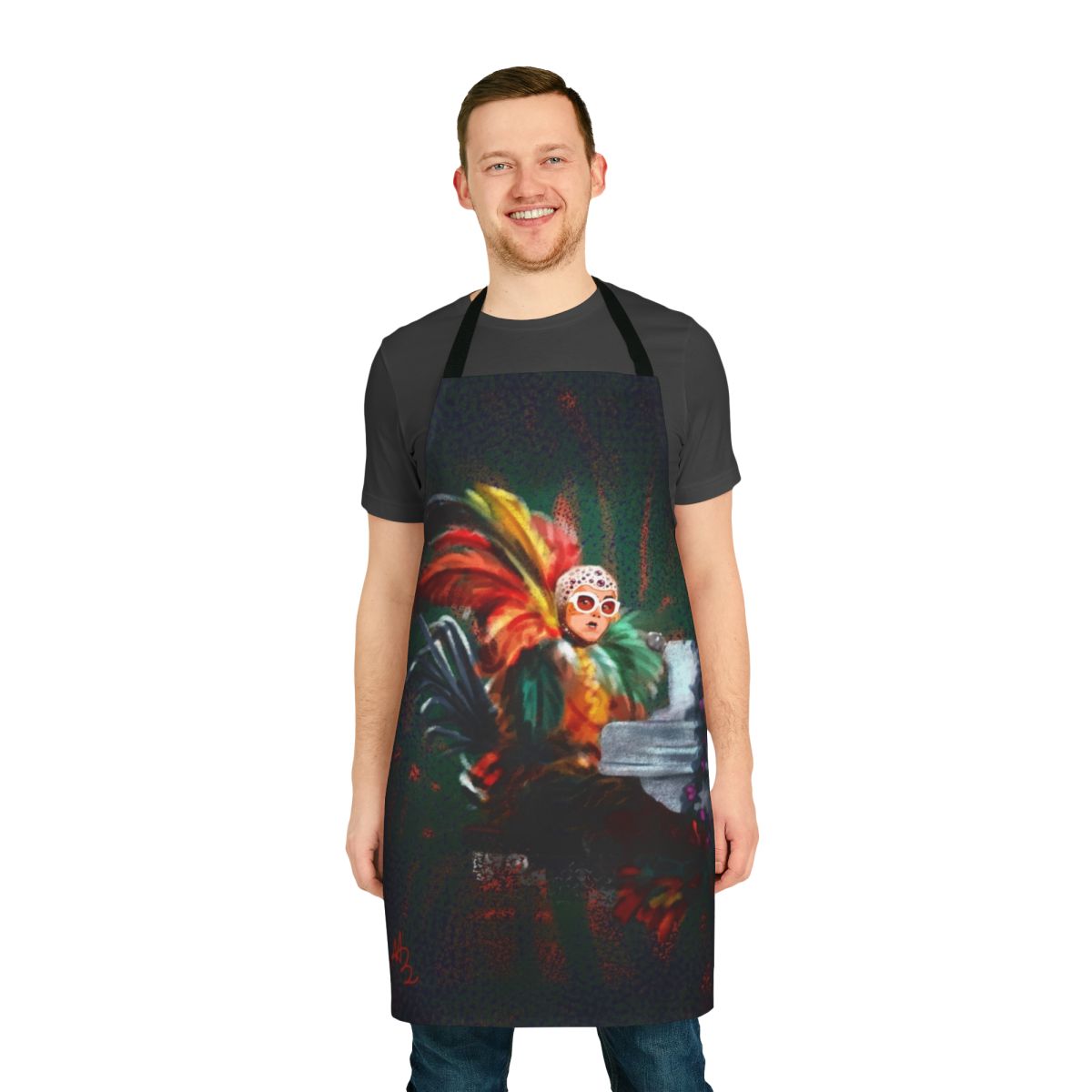 Colorful and flamboyant apron with Elton John-inspired design, featuring feathers, a rooster, and musical elements