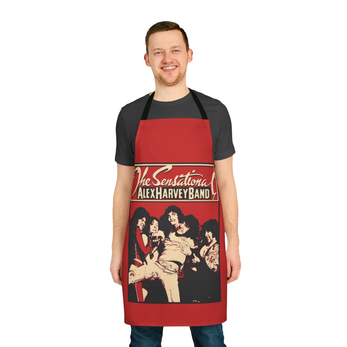 Retro 70s glam rock style apron featuring The Sensational Alex Harvey Band logo and imagery
