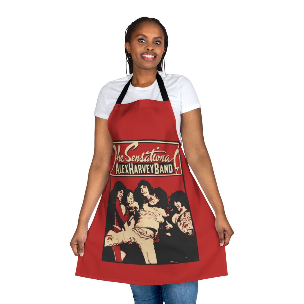 Retro 70s glam rock style apron featuring The Sensational Alex Harvey Band logo and imagery