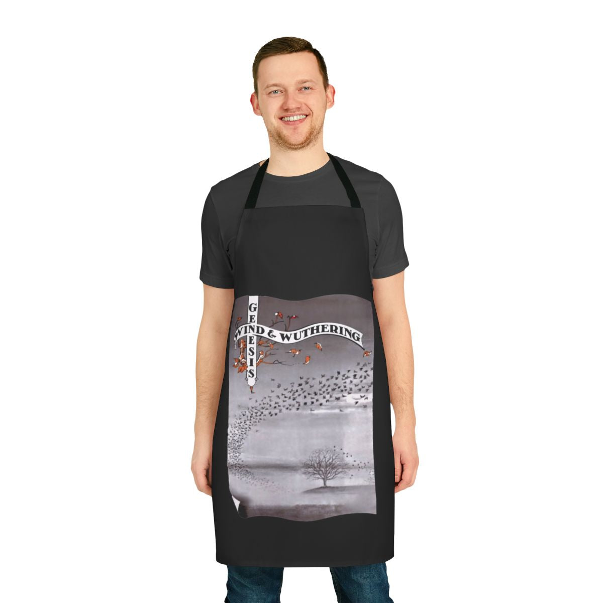 Retro 70s progressive rock fans apron featuring Wind and Wuthering album art