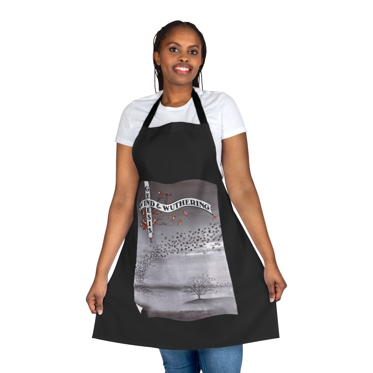 Retro 70s progressive rock fans apron featuring Wind and Wuthering album art