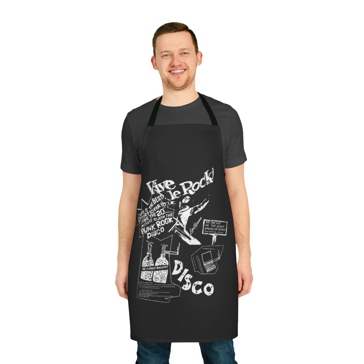 Vintage-inspired punk rock apron featuring classic 70s UK punk style graphics