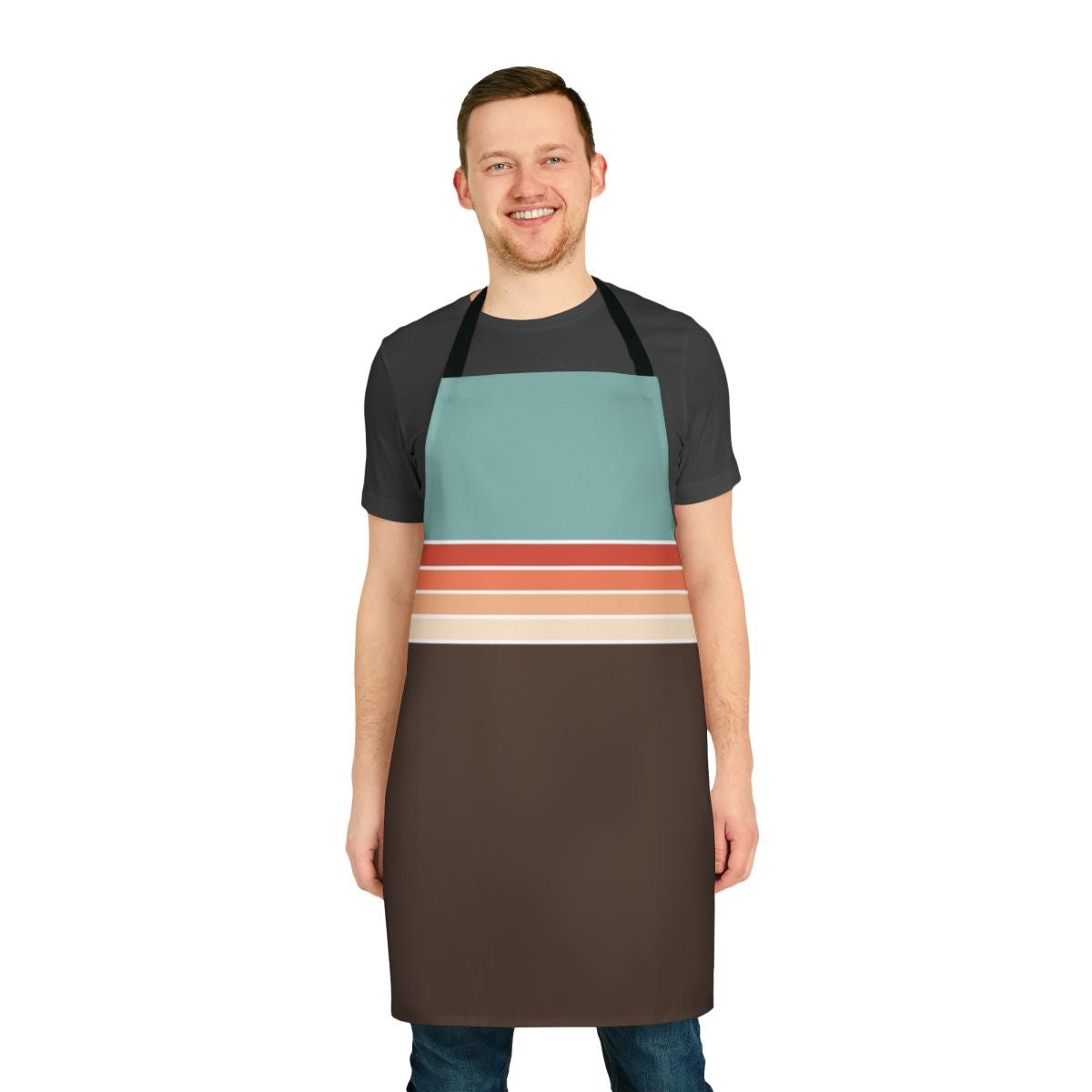 A 1970s-style striped apron with a minimalist, abstract pattern