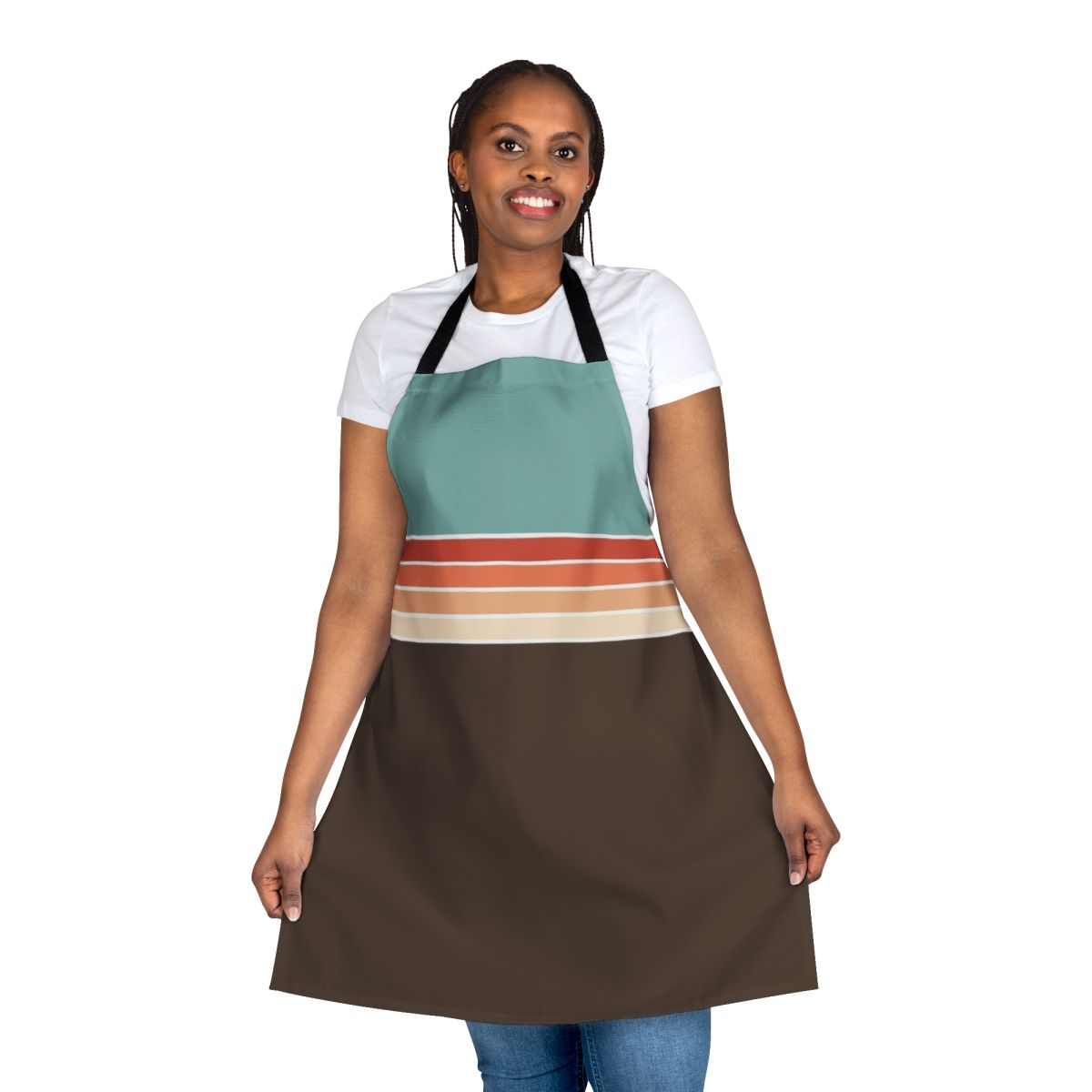 A 1970s-style striped apron with a minimalist, abstract pattern