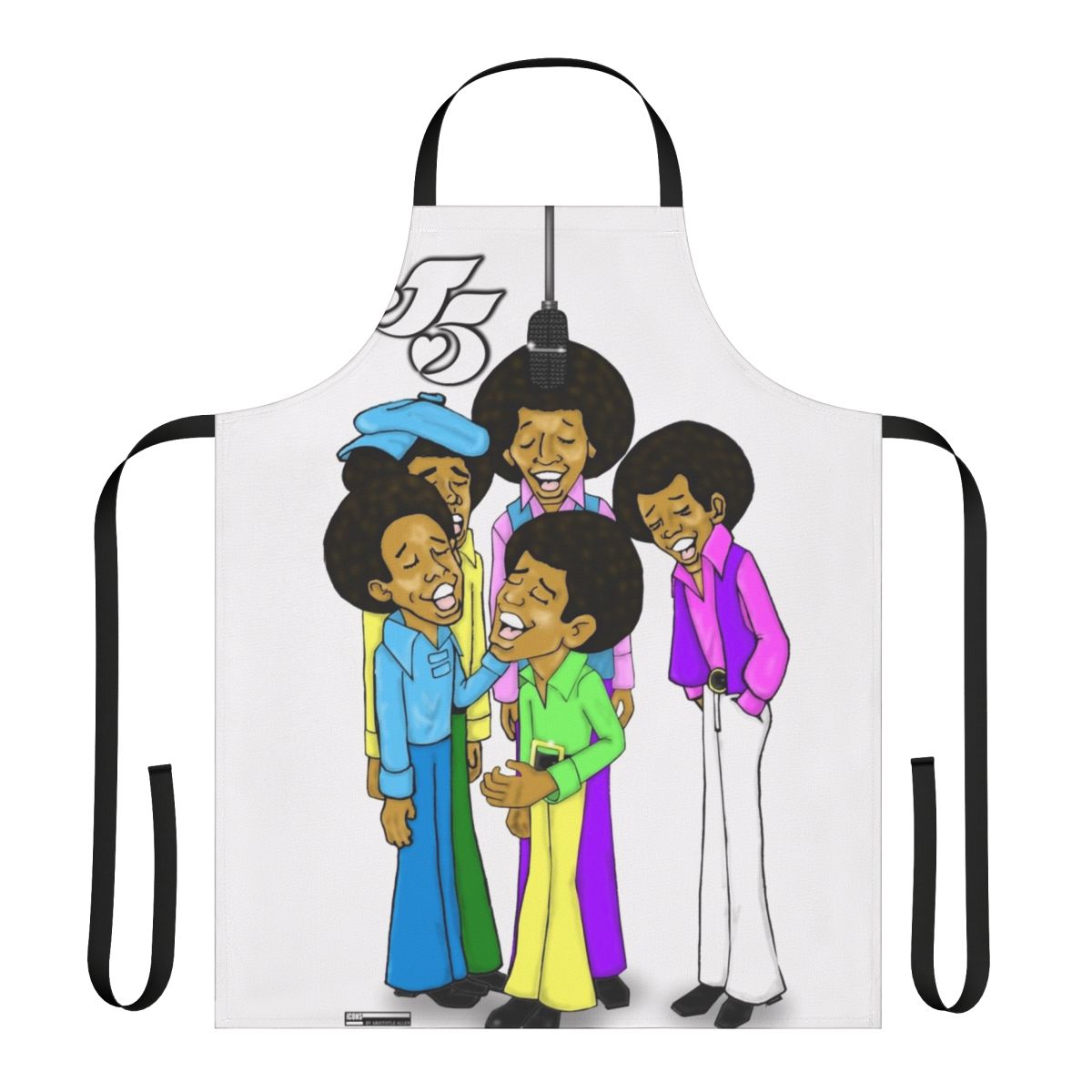 Retro 1970s style apron featuring a vibrant graphic design inspired by the classic Jackson 5 and Saturday morning cartoons