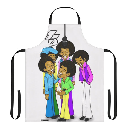 Retro 1970s style apron featuring a vibrant graphic design inspired by the classic Jackson 5 and Saturday morning cartoons