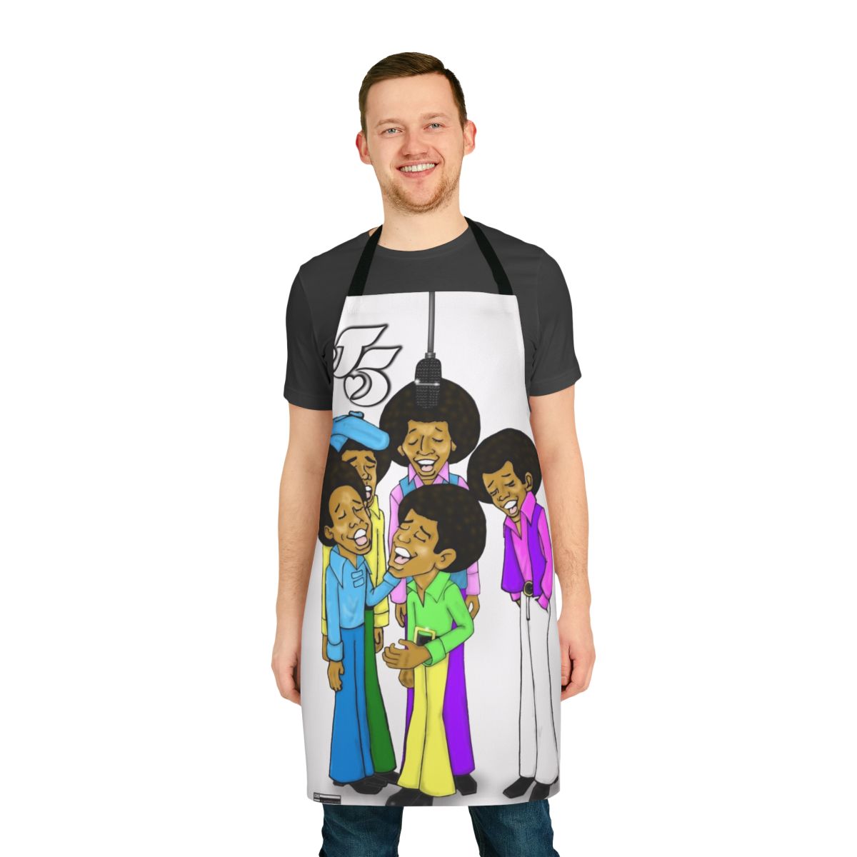 Retro 1970s style apron featuring a vibrant graphic design inspired by the classic Jackson 5 and Saturday morning cartoons