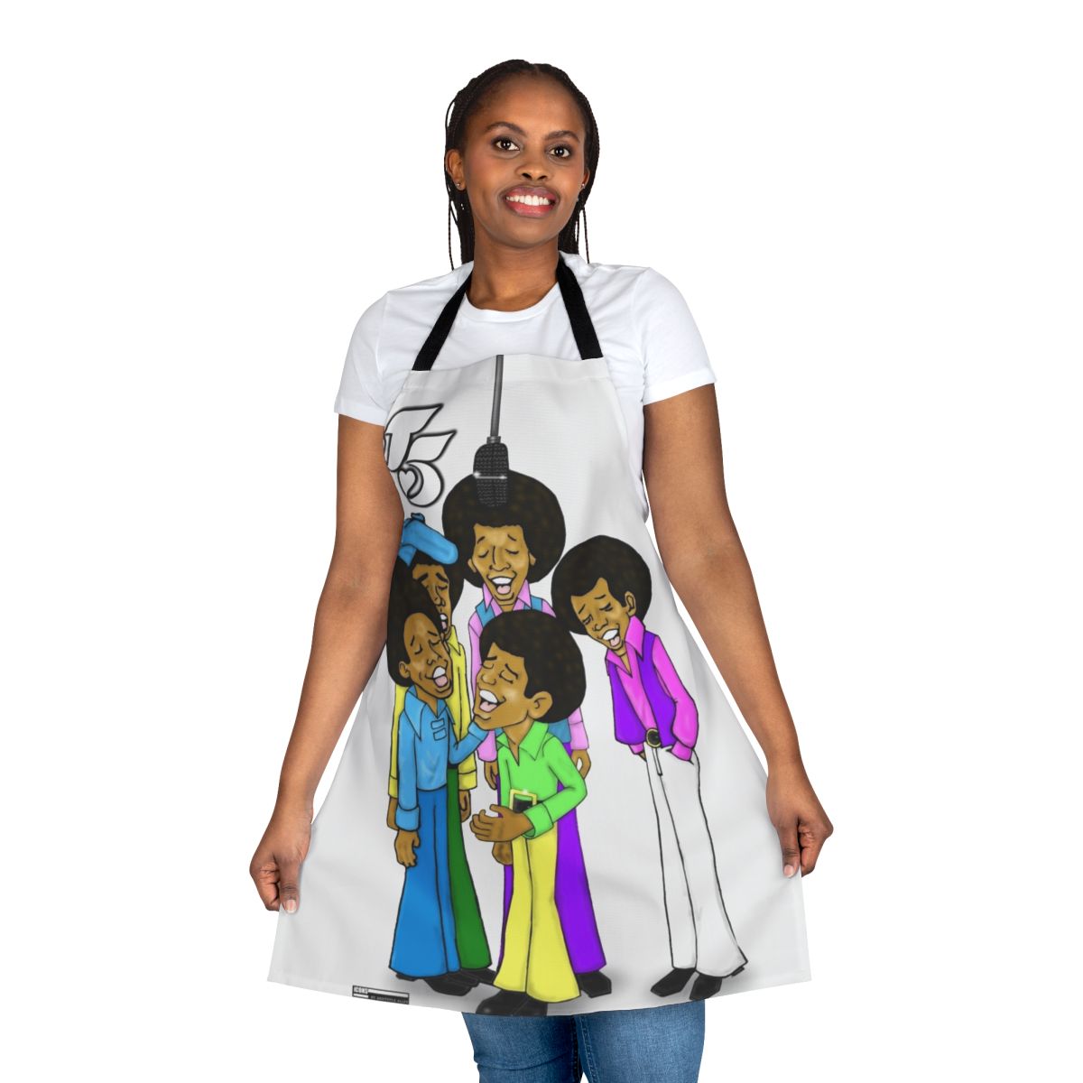 Retro 1970s style apron featuring a vibrant graphic design inspired by the classic Jackson 5 and Saturday morning cartoons