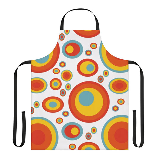 Retro 70s style apron with a colorful psychedelic geometric pattern in shades of orange, red, blue, and teal.