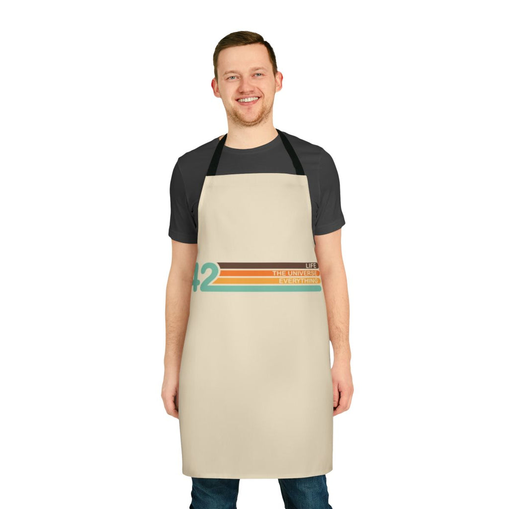 Retro 70s style apron with "The Meaning of Life" design, inspired by the Hitchhiker's Guide to the Galaxy