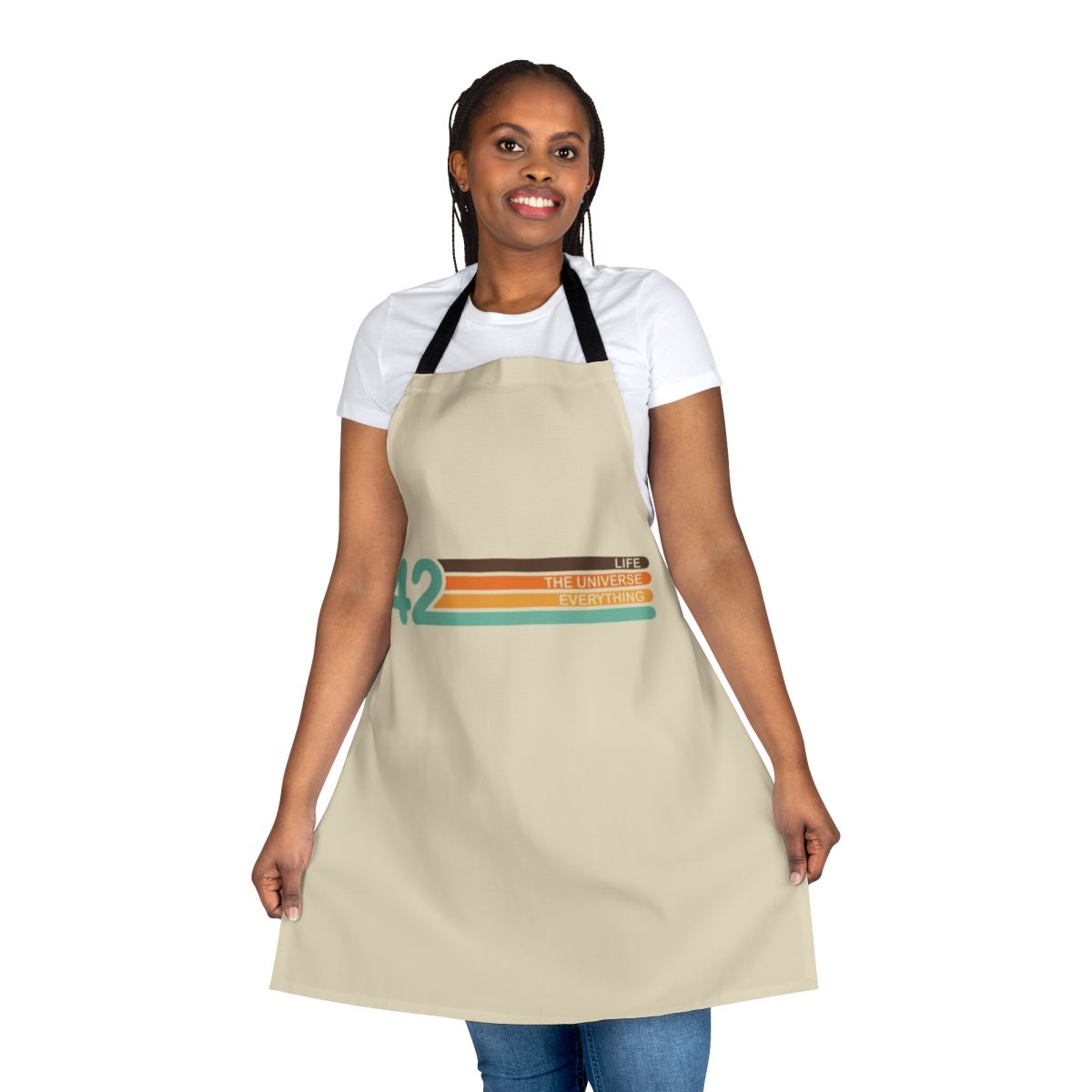 Retro 70s style apron with "The Meaning of Life" design, inspired by the Hitchhiker's Guide to the Galaxy