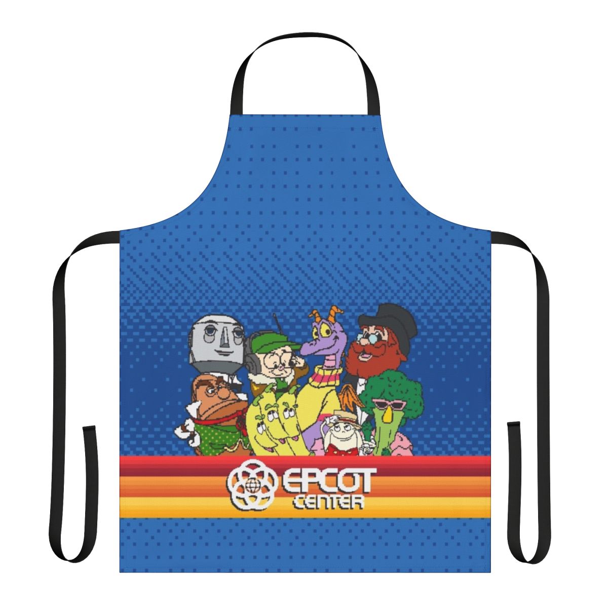 8-bit pixel art design of Epcot Center on a durable cooking apron