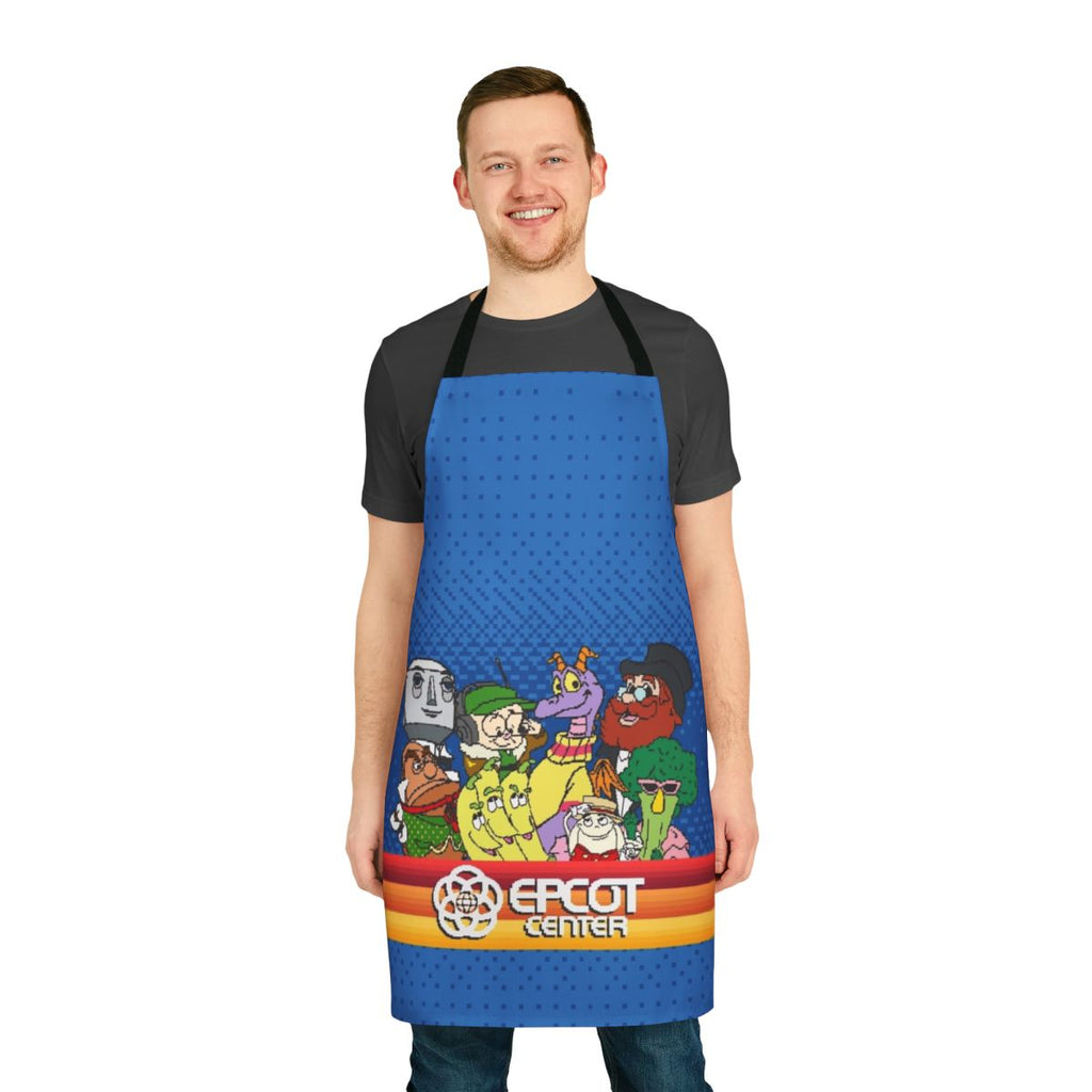 8-bit pixel art design of Epcot Center on a durable cooking apron