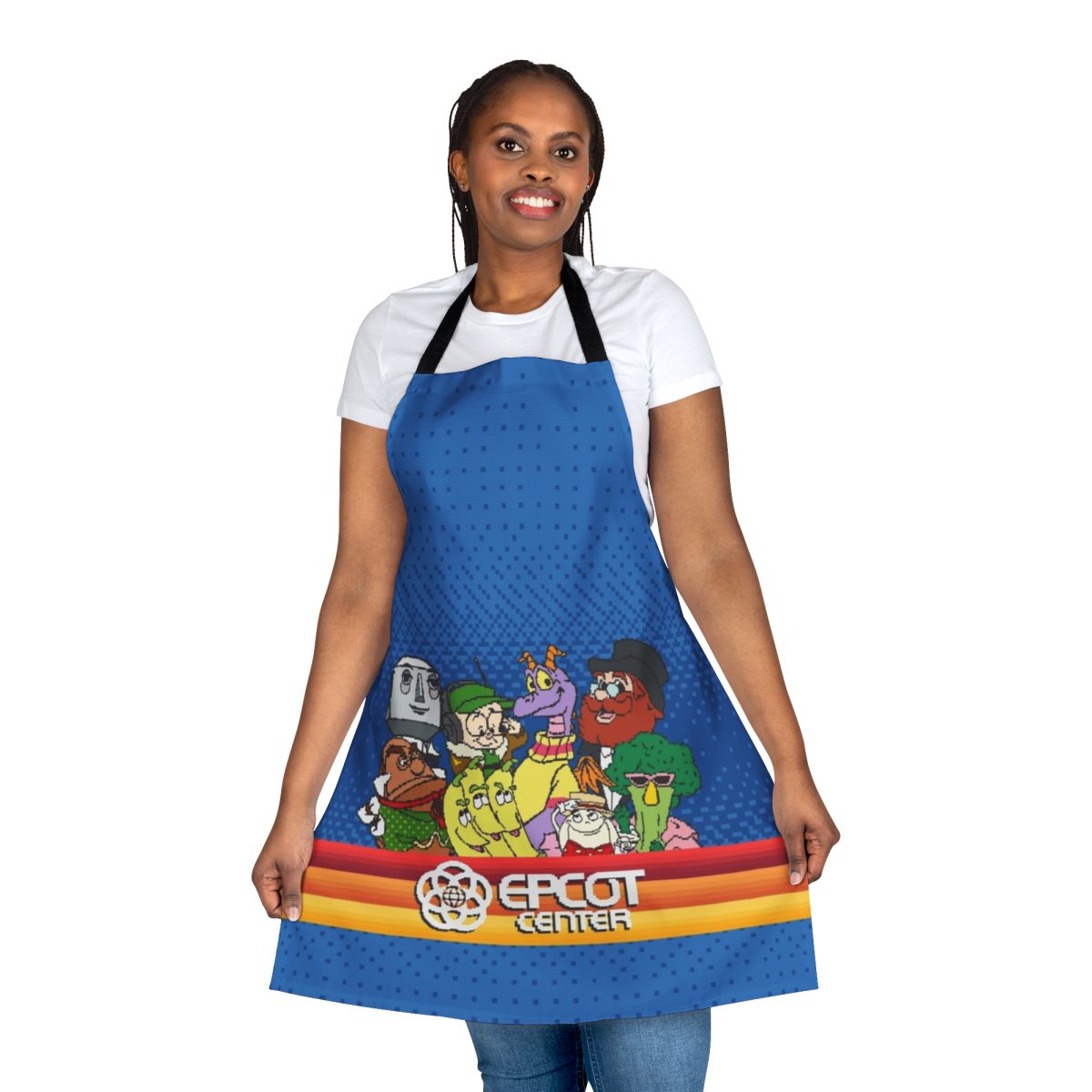 8-bit pixel art design of Epcot Center on a durable cooking apron
