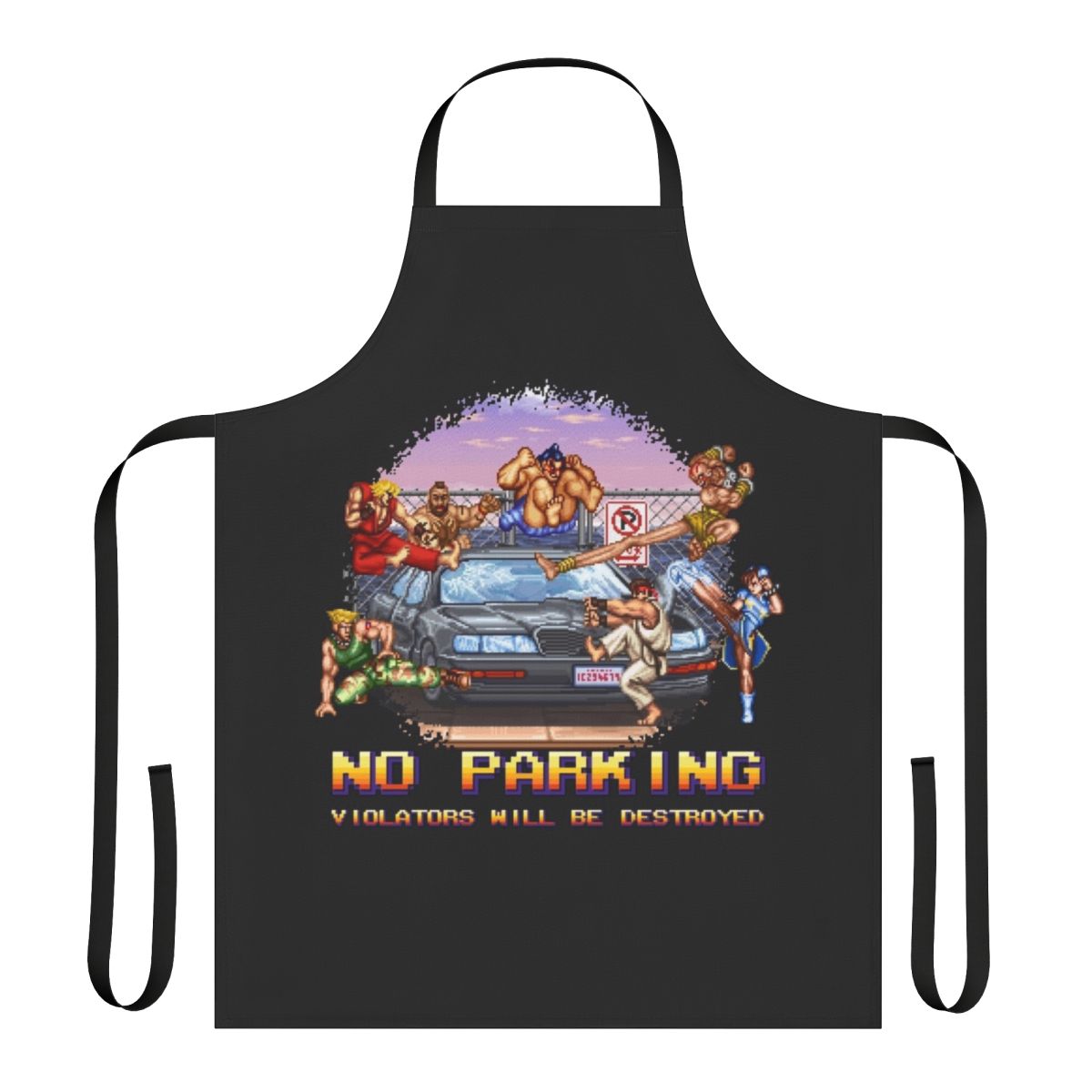 An apron with a retro 8-bit design featuring the text "No Parking Violators Will Be Destroyed"